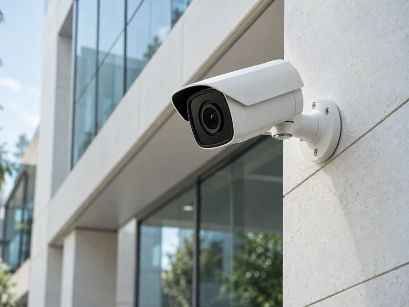 White surveillance camera mounted on a modern stone and glass building